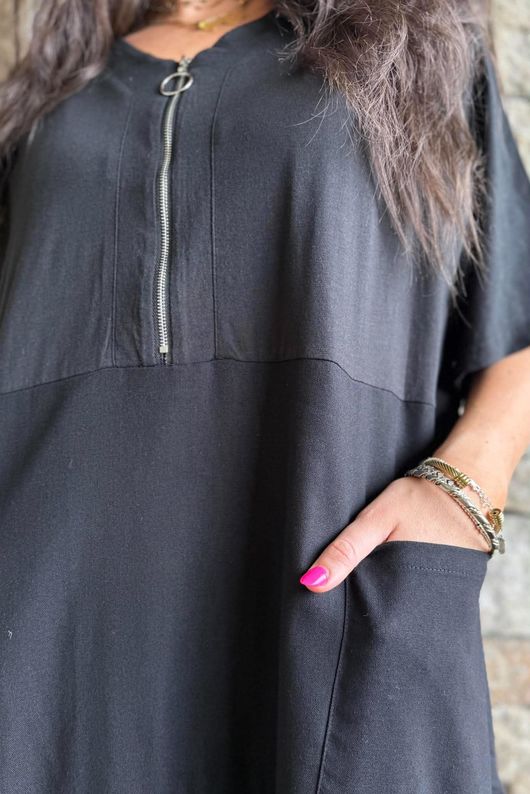 Rustic Nature Linen Blend Smock T Shirt Dress Black